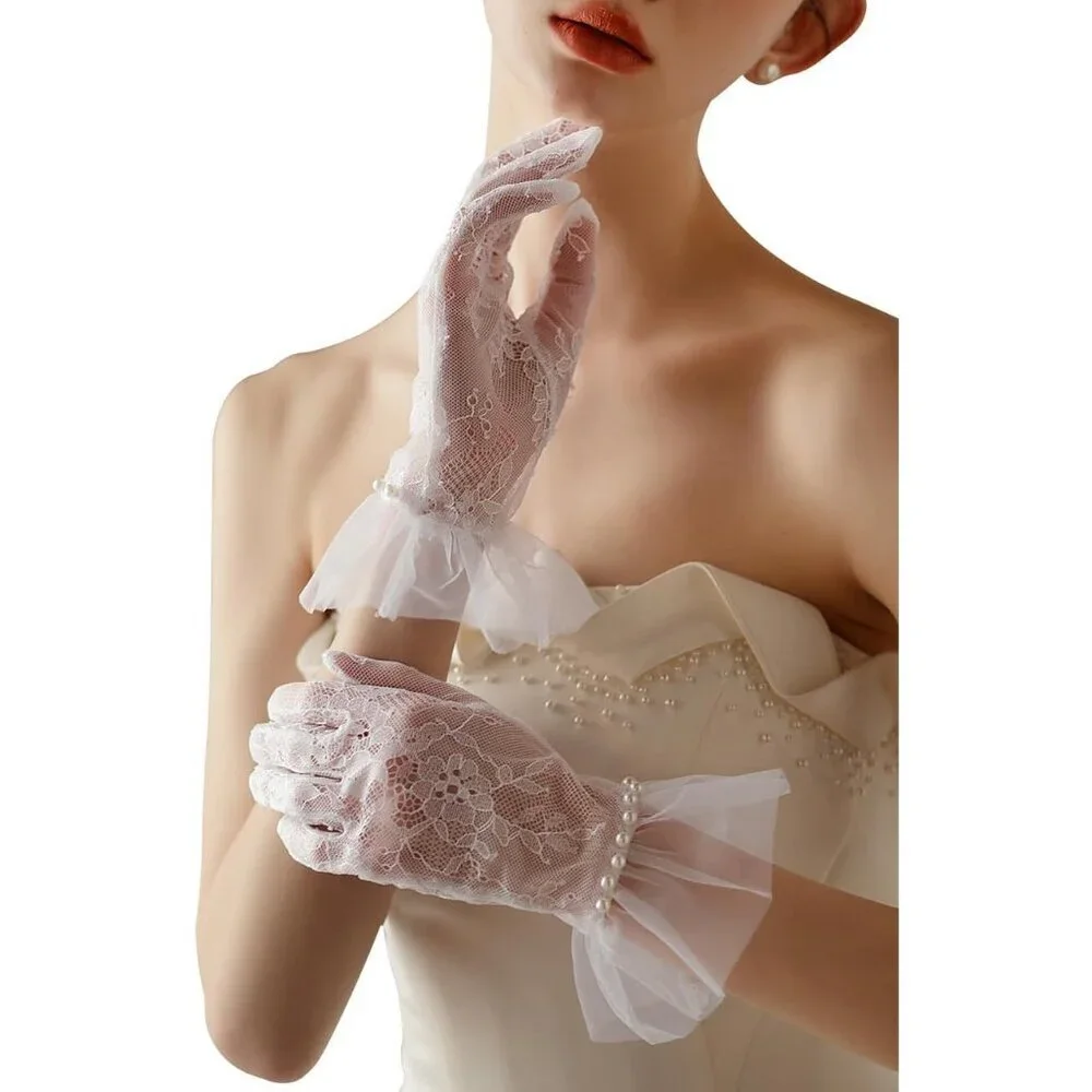 Women's White Short Pearls Lace Border Mesh Gloves Wedding Formal Party Prom